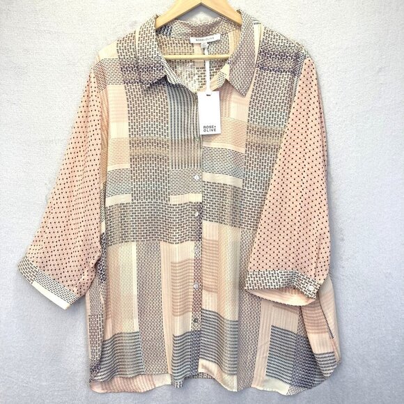 Rose + Olive Button Up Shirt Womens 3X Boho Patchwork Sheer Lightweight Blouse - Picture 1 of 13